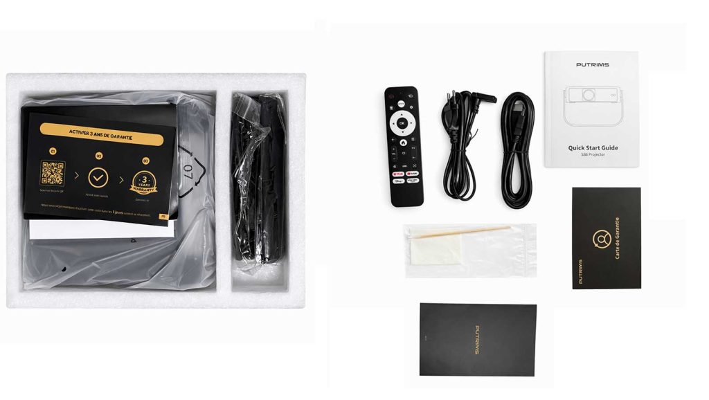 Contenu boîte PUTRIMS S36 – projecteur, télécommande, câble HDMI, alimentation et guide de démarrage rapide