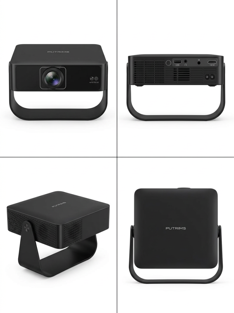 Projecteur portable PUTRIMS S36 – 4 vues (avant, arrière, côté, dessus) sur socle rotatif 330°