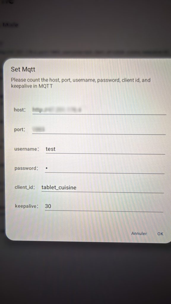 Paramétrage MQTT SMT1019 – configuration host, port, username, client ID et keepalive sur tablette domotique Android 14